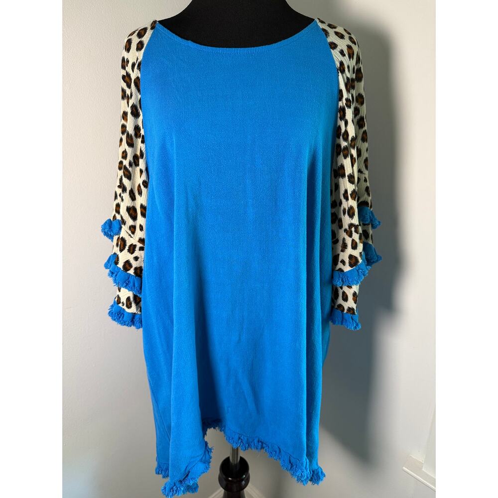 Umgee Linen Leopard Ruffle Sleeve Tunic Top Boho Coastal Cowgirl XL